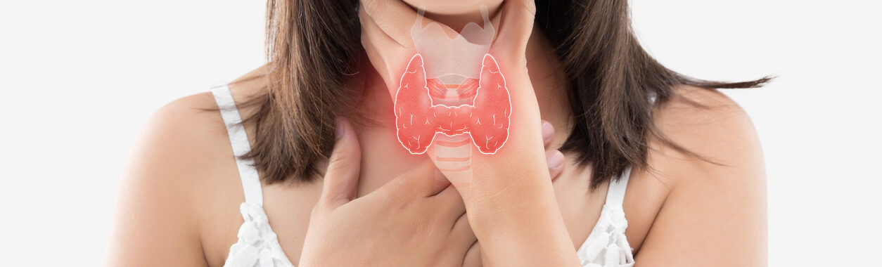 The photo of thyroid is on the human body, Women thyroid gland control. Sore throat of a people against gray background.